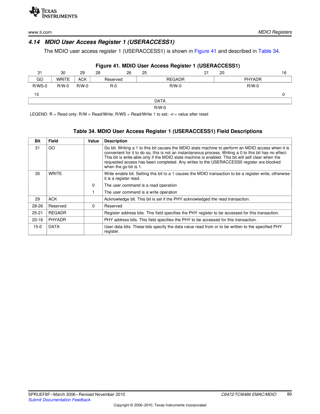 Texas Instruments TMS320TCI6486 manual Mdio User Access Register 1 USERACCESS1 