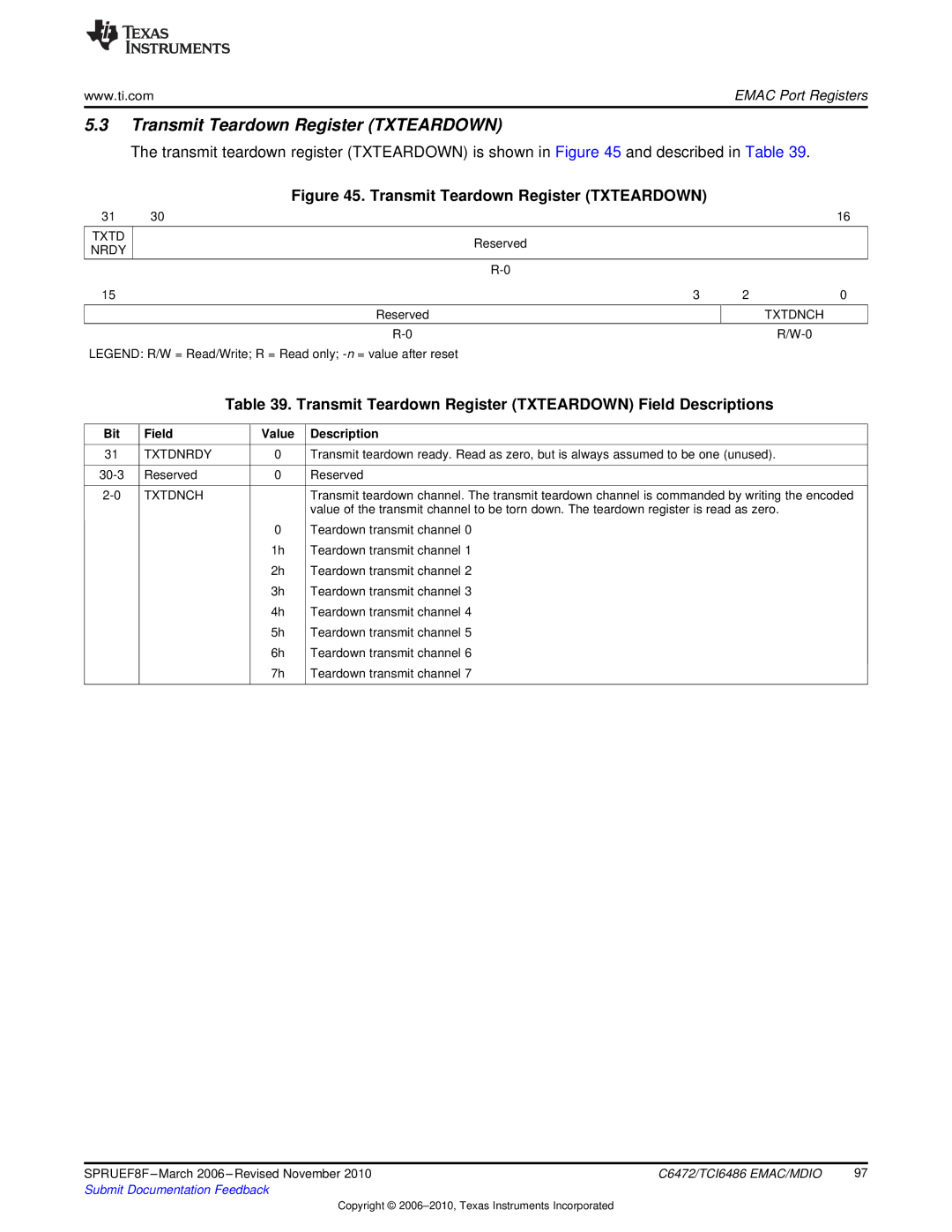 Texas Instruments TMS320TCI6486 manual Transmit Teardown Register Txteardown 