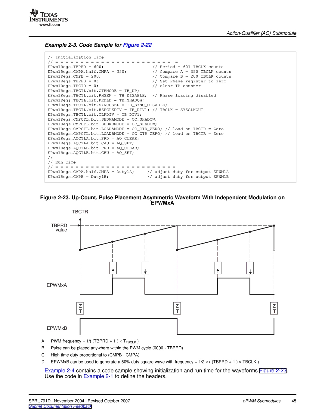 Texas Instruments 28xxx, TMS320x28xx manual Example 2-3. Code Sample for Figure, Tbclk = Sysclkout 