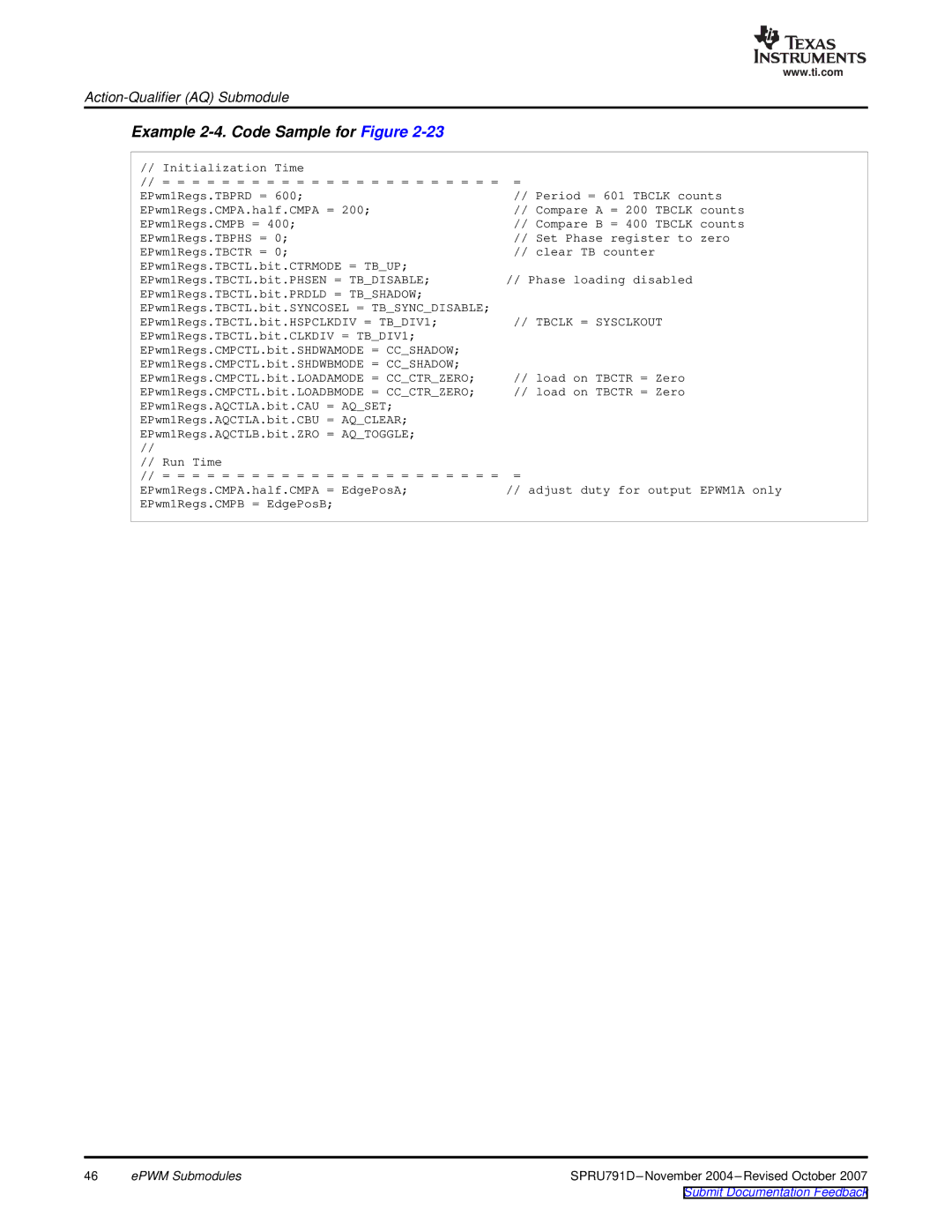 Texas Instruments TMS320x28xx, 28xxx manual Example 2-4. Code Sample for Figure, EdgePosA 