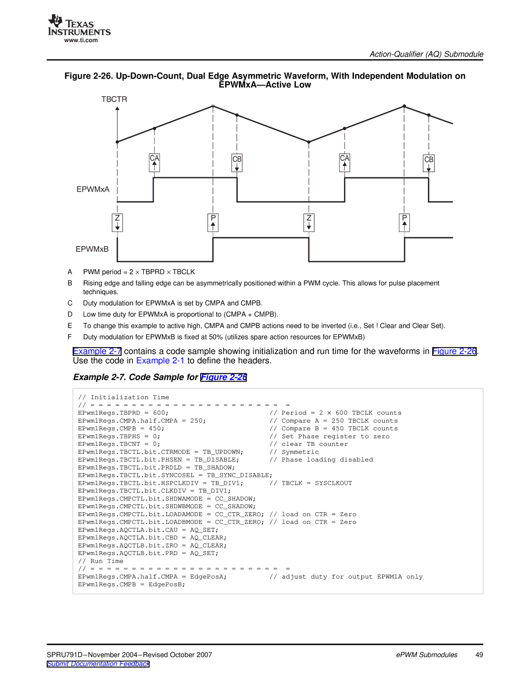 Texas Instruments 28xxx, TMS320x28xx manual Example 2-7. Code Sample for Figure, EPWMxA EPWMxB 