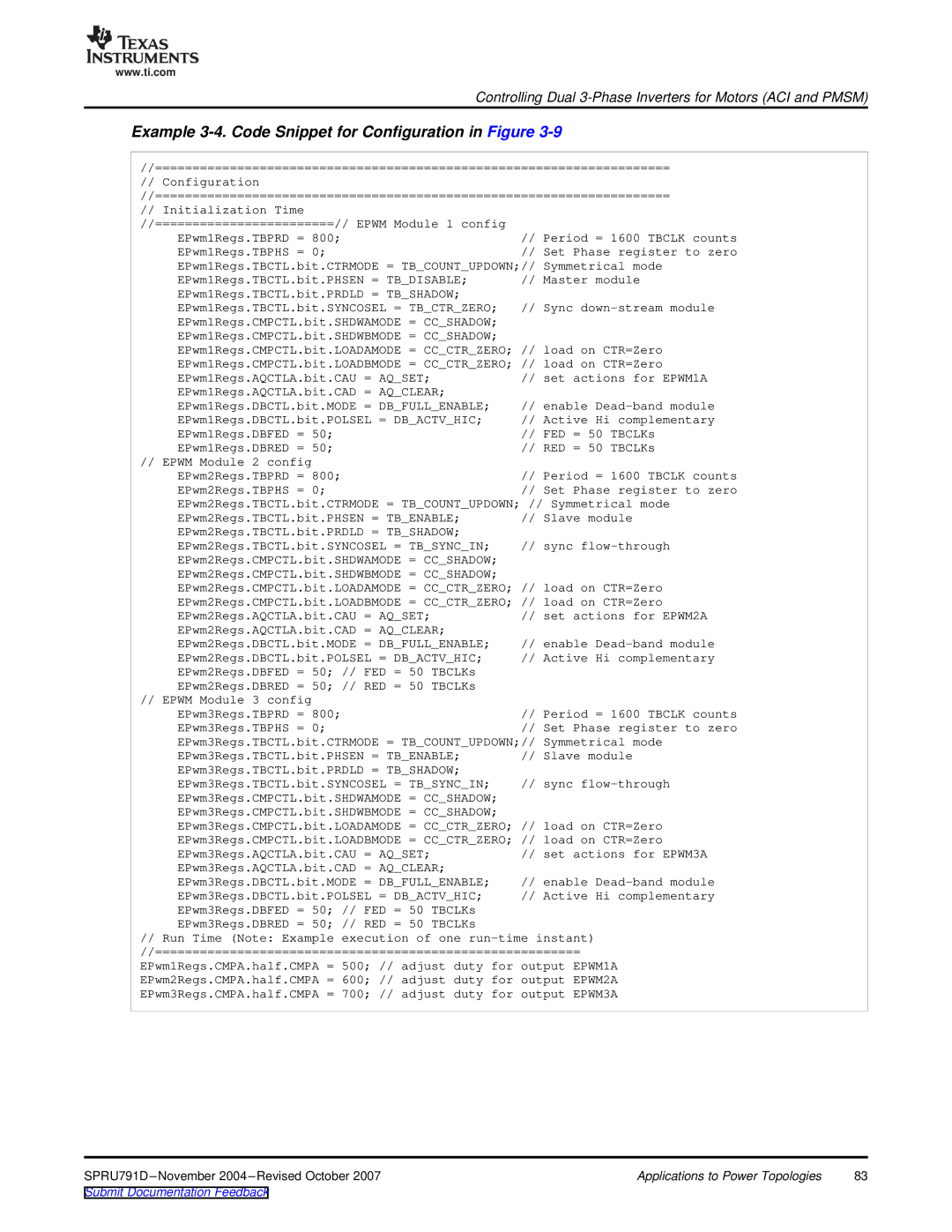 Texas Instruments 28xxx, TMS320x28xx manual Example 3-4. Code Snippet for Configuration in Figure 