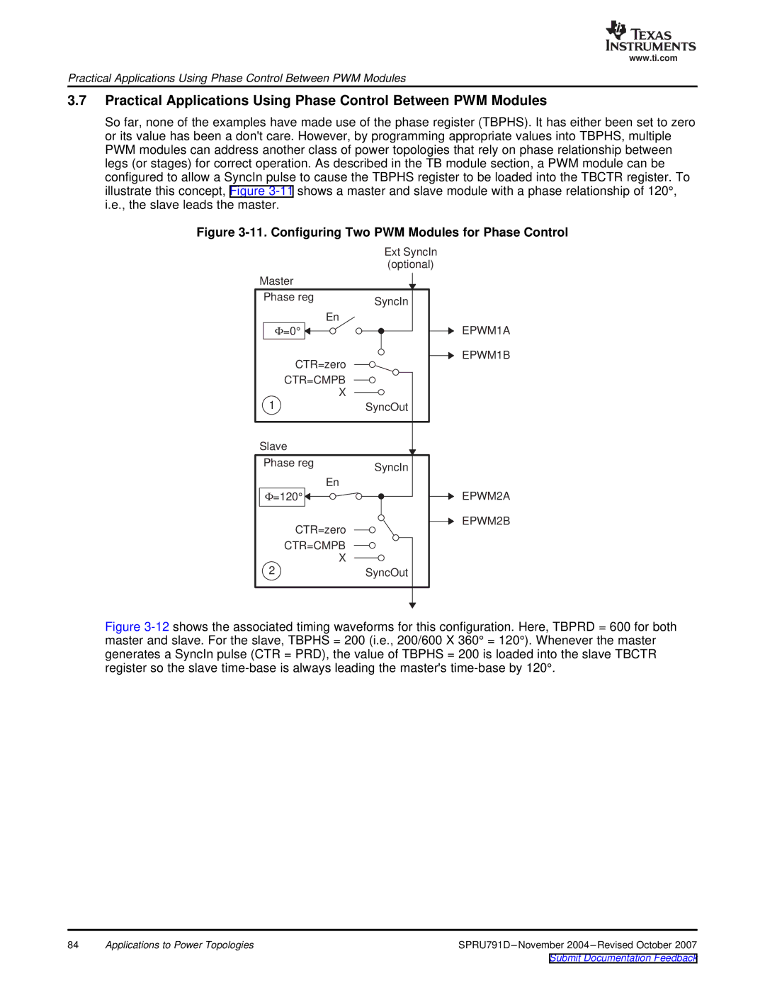 Texas Instruments TMS320x28xx, 28xxx manual Configuring Two PWM Modules for Phase Control 