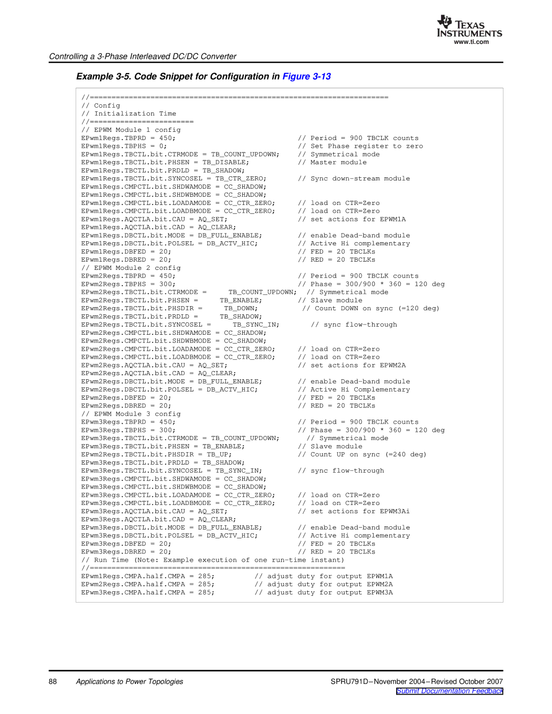 Texas Instruments TMS320x28xx, 28xxx manual Example 3-5. Code Snippet for Configuration in Figure 