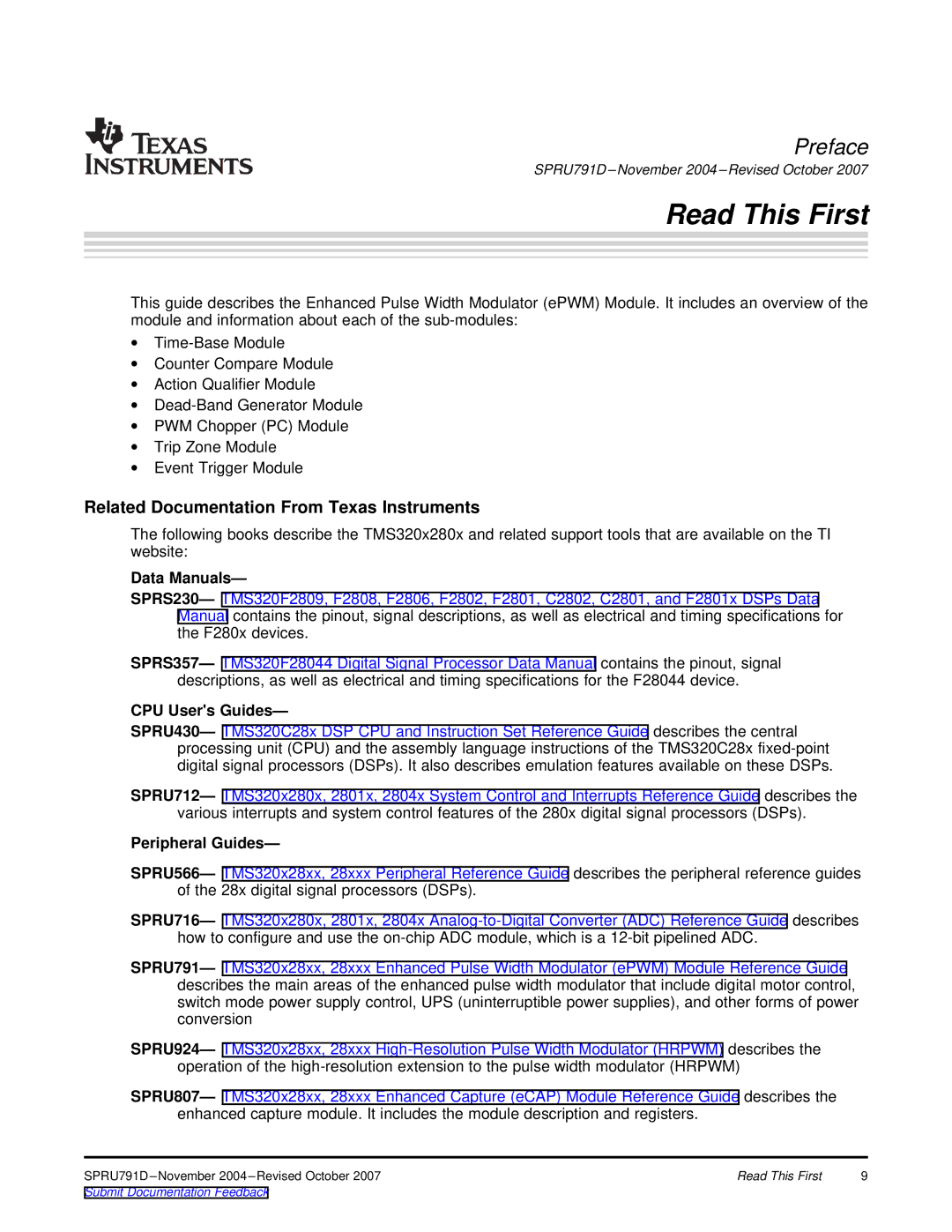 Texas Instruments 28xxx Related Documentation From Texas Instruments, Data Manuals, CPU Users Guides, Peripheral Guides 