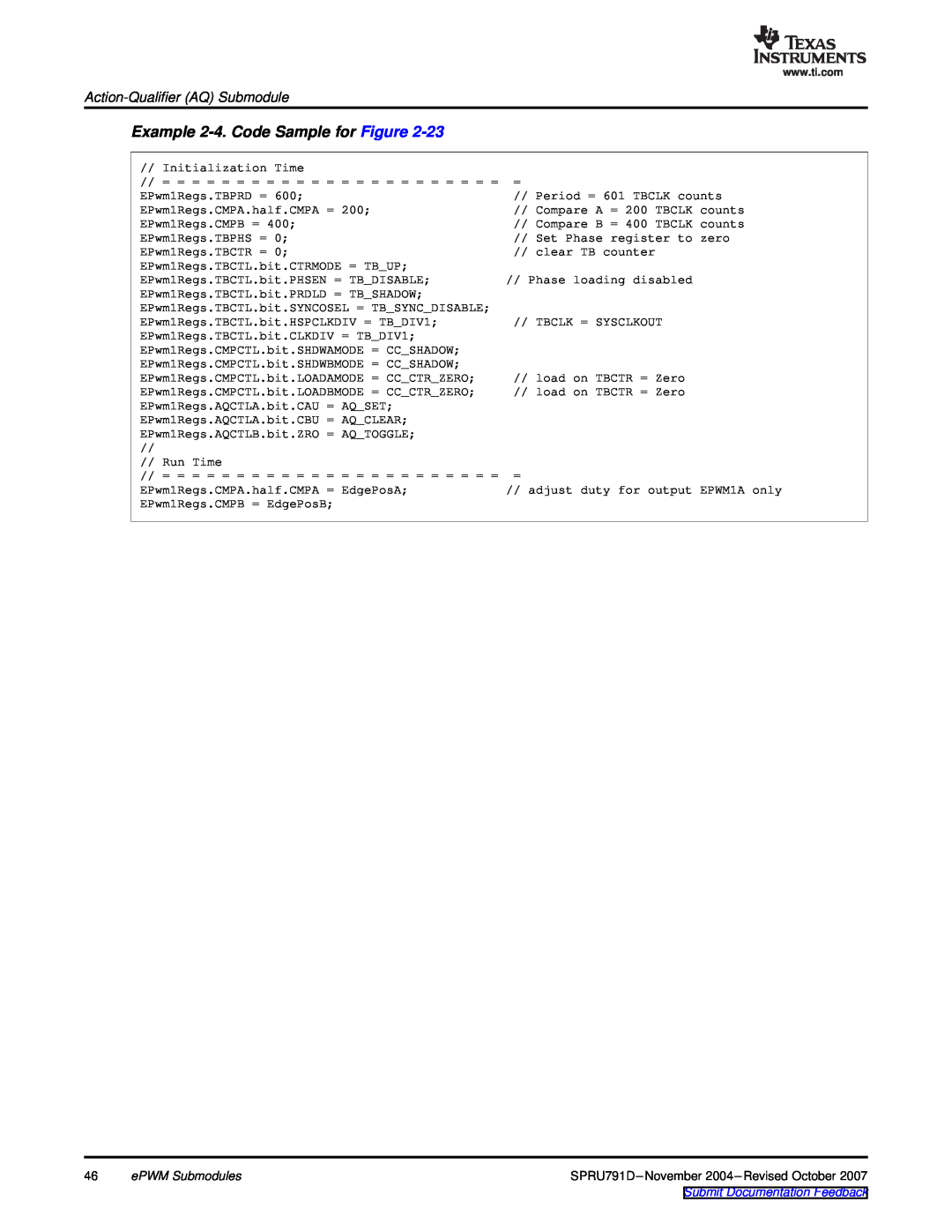 Texas Instruments TMS320x28xx, 28xxx manual Example 2-4. Code Sample for Figure, Action-Qualifier AQ Submodule 