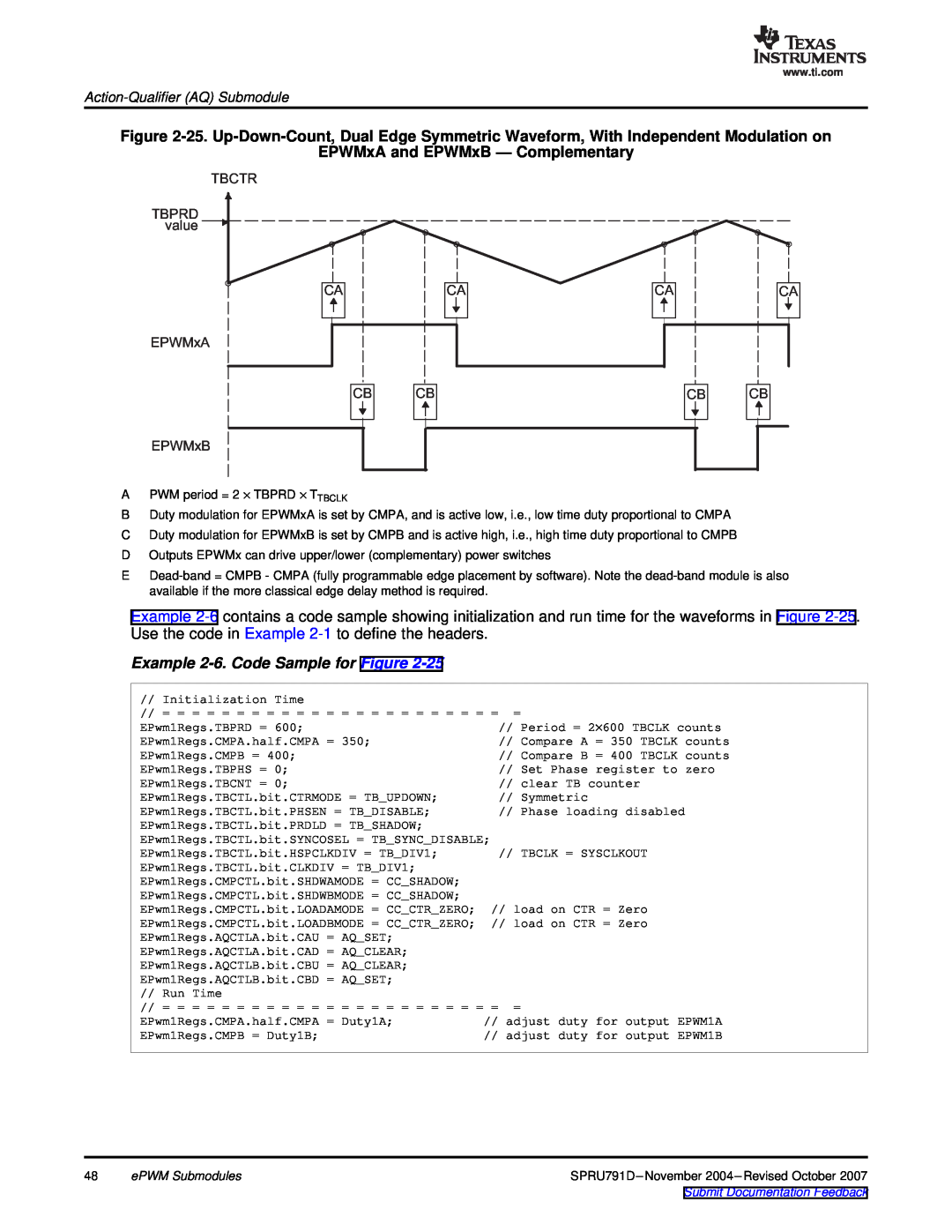Texas Instruments TMS320x28xx, 28xxx manual EPWMxA and EPWMxB - Complementary, Example 2-6. Code Sample for Figure 