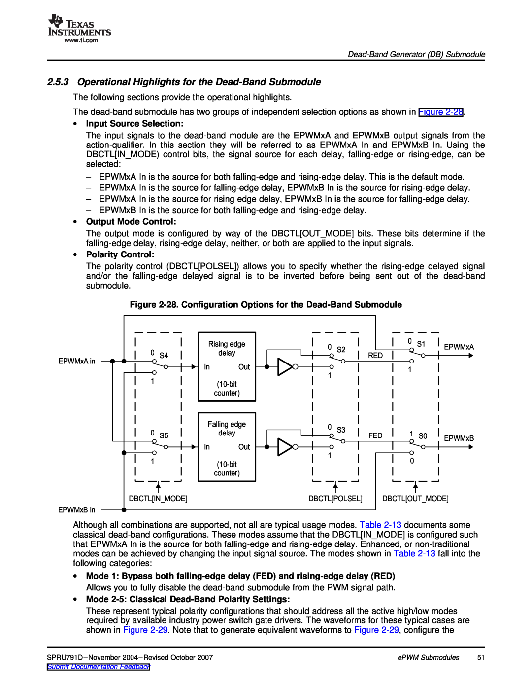 Texas Instruments 28xxx Operational Highlights for the Dead-Band Submodule, ∙ Input Source Selection, ∙ Polarity Control 
