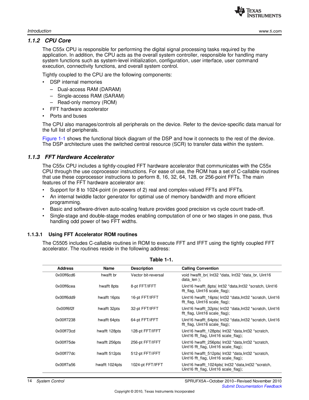 Texas Instruments TMS3320C5515 manual CPU Core, FFT Hardware Accelerator, Using FFT Accelerator ROM routines, Address 