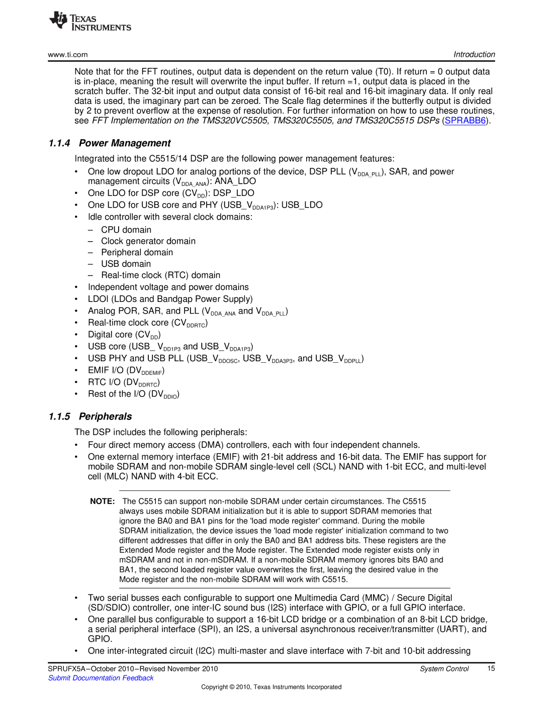 Texas Instruments TMS3320C5515 manual Power Management, Peripherals 