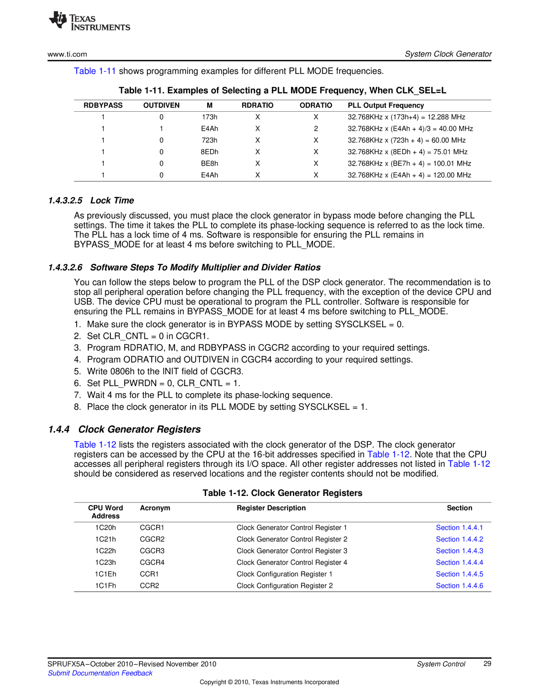 Texas Instruments TMS3320C5515 manual Clock Generator Registers, Lock Time 