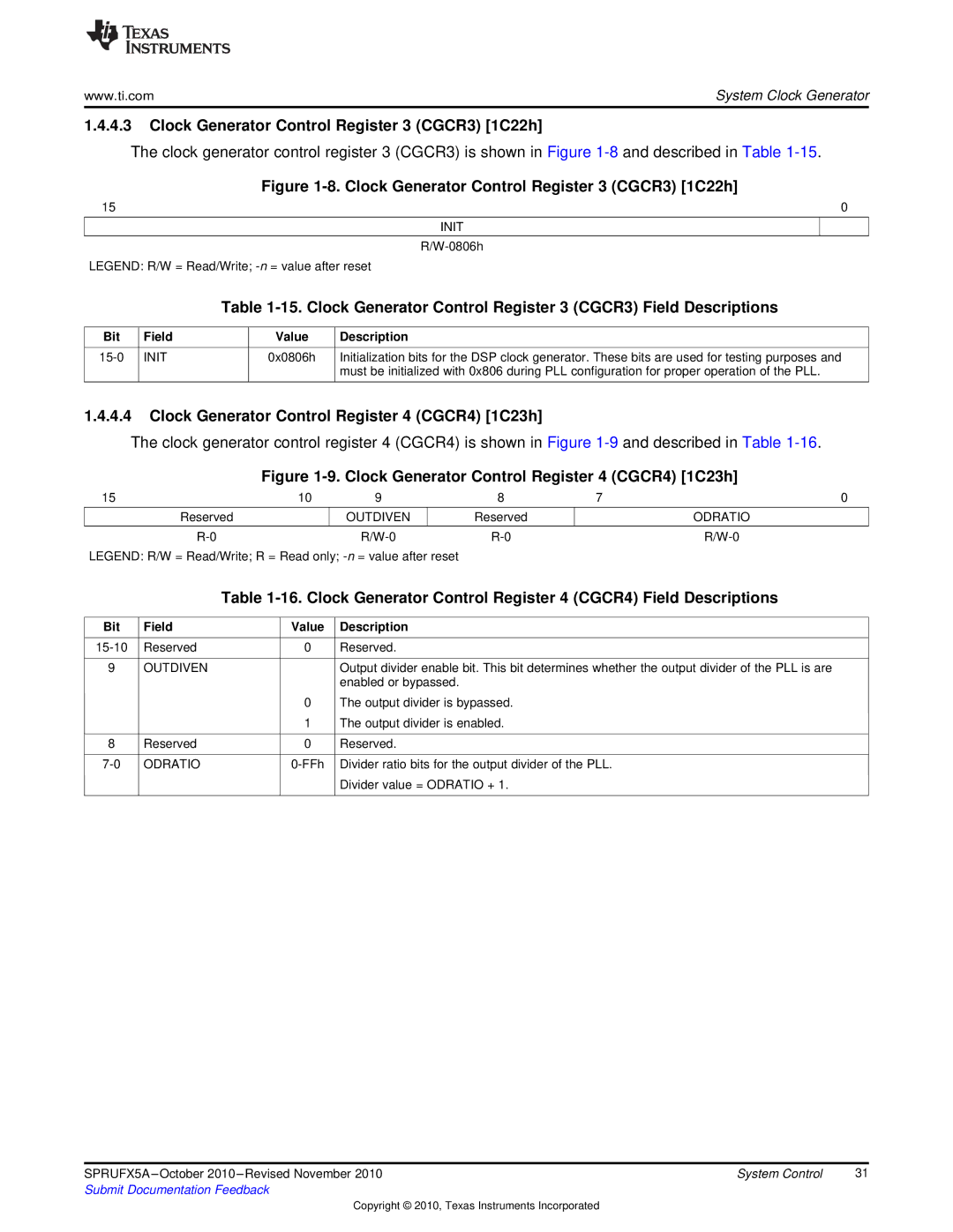 Texas Instruments TMS3320C5515 manual Clock Generator Control Register 3 CGCR3 1C22h, Init 