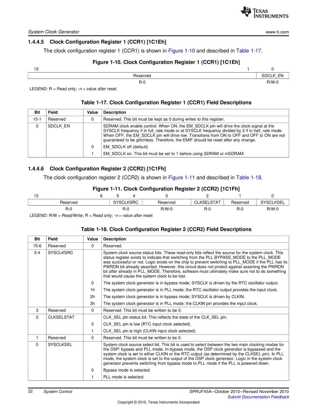 Texas Instruments TMS3320C5515 manual Clock Configuration Register 1 CCR1 1C1Eh, Clock Configuration Register 2 CCR2 1C1Fh 