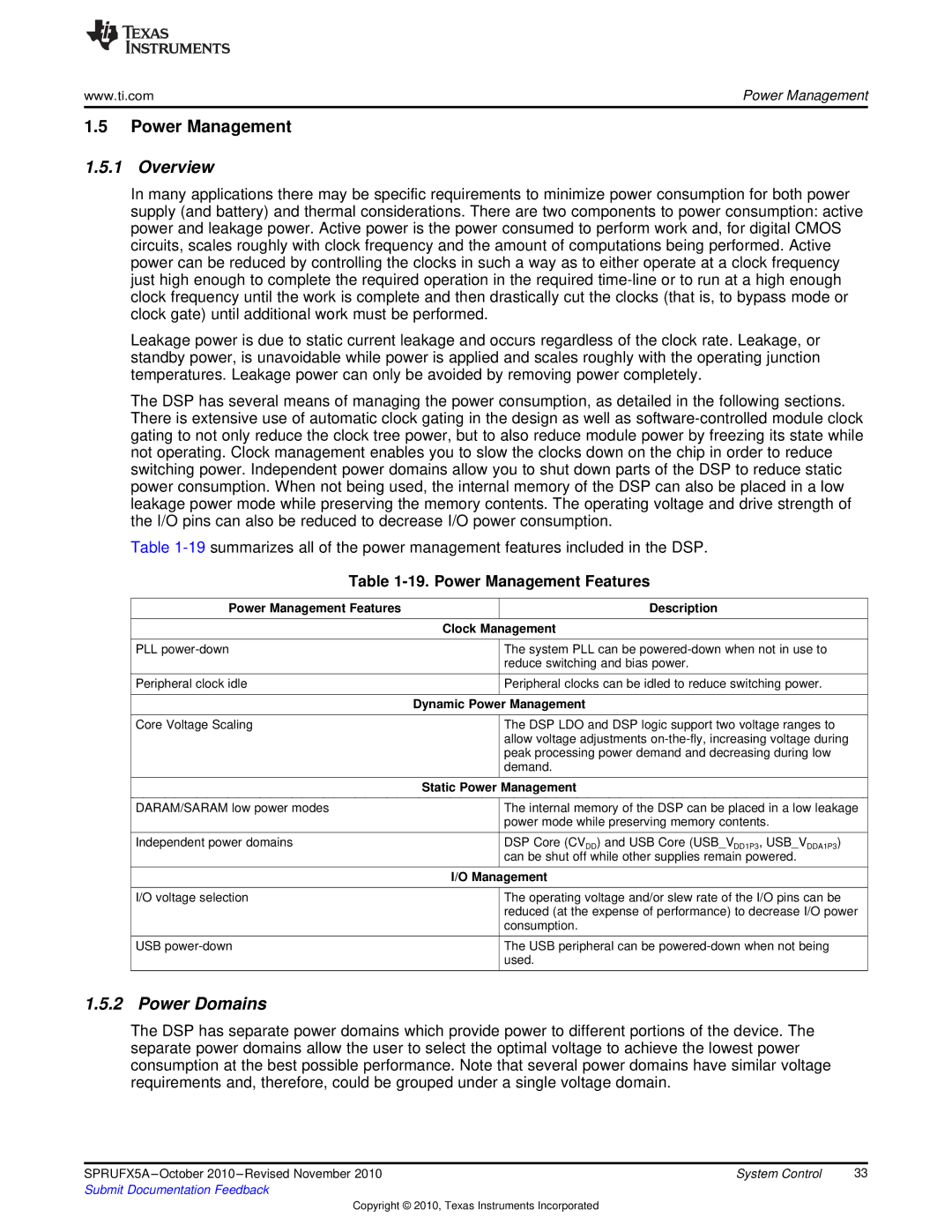 Texas Instruments TMS3320C5515 manual Power Domains, Power Management Features 