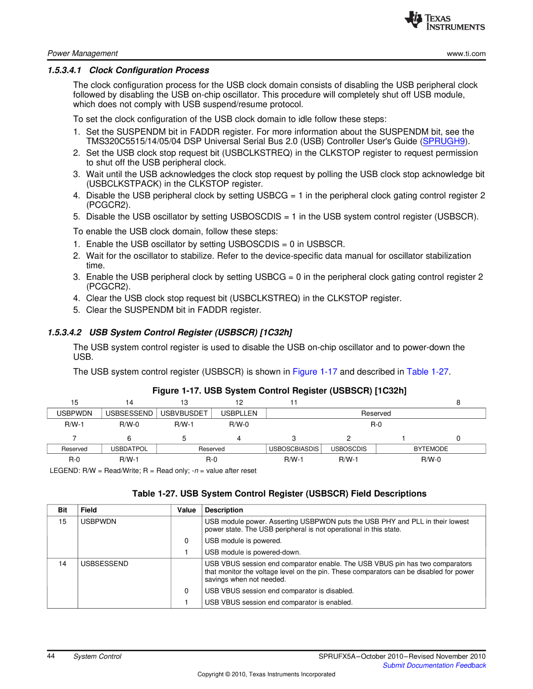 Texas Instruments TMS3320C5515 manual USB System Control Register Usbscr 1C32h, Usbpwdn Usbsessend Usbvbusdet Usbpllen 