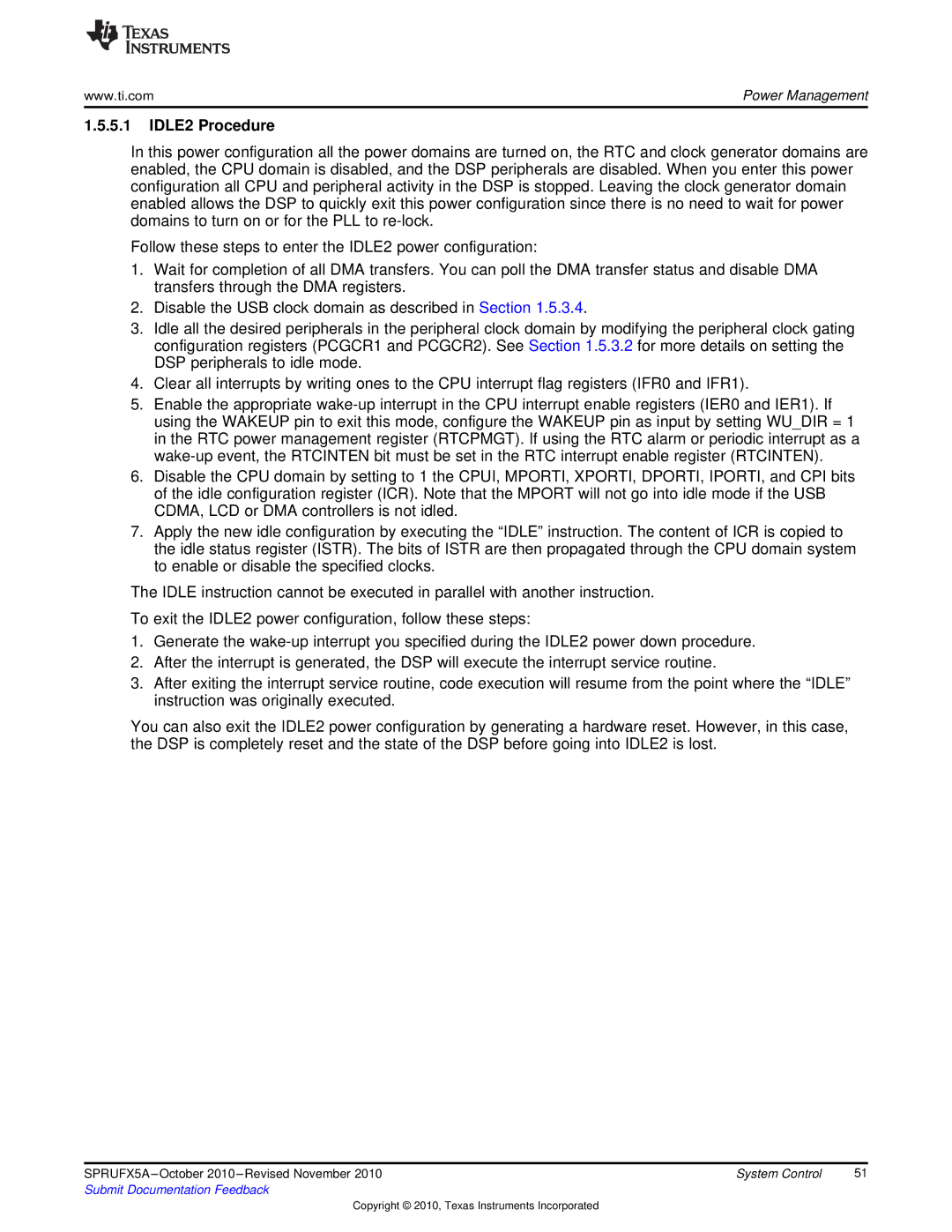 Texas Instruments TMS3320C5515 manual IDLE2 Procedure 