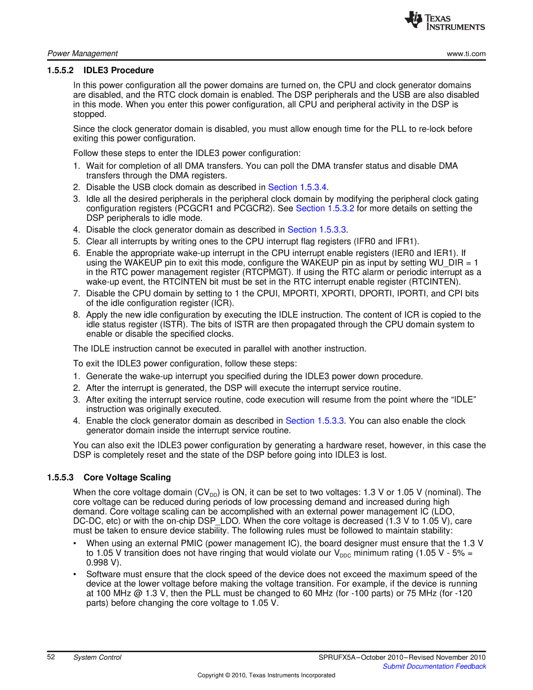 Texas Instruments TMS3320C5515 manual IDLE3 Procedure, Core Voltage Scaling 