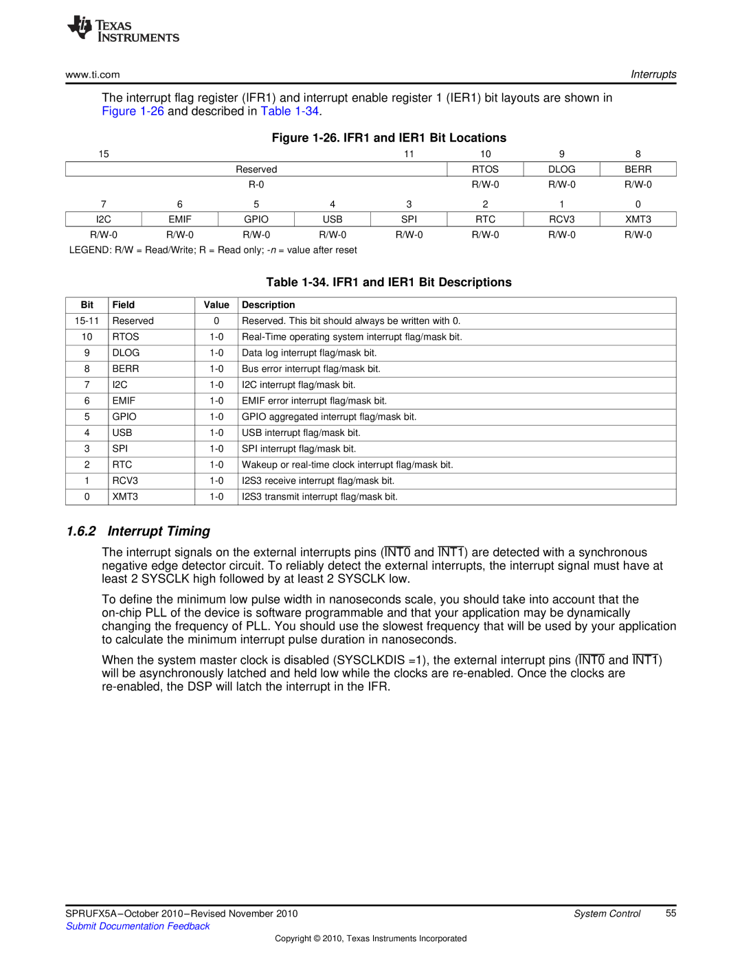 Texas Instruments TMS3320C5515 manual Interrupt Timing, IFR1 and IER1 Bit Descriptions, Rtos 