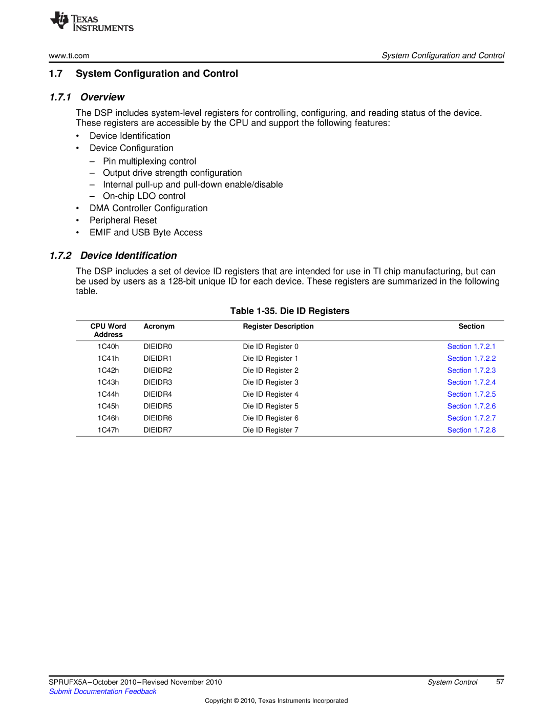 Texas Instruments TMS3320C5515 manual Device Identification, Die ID Registers 