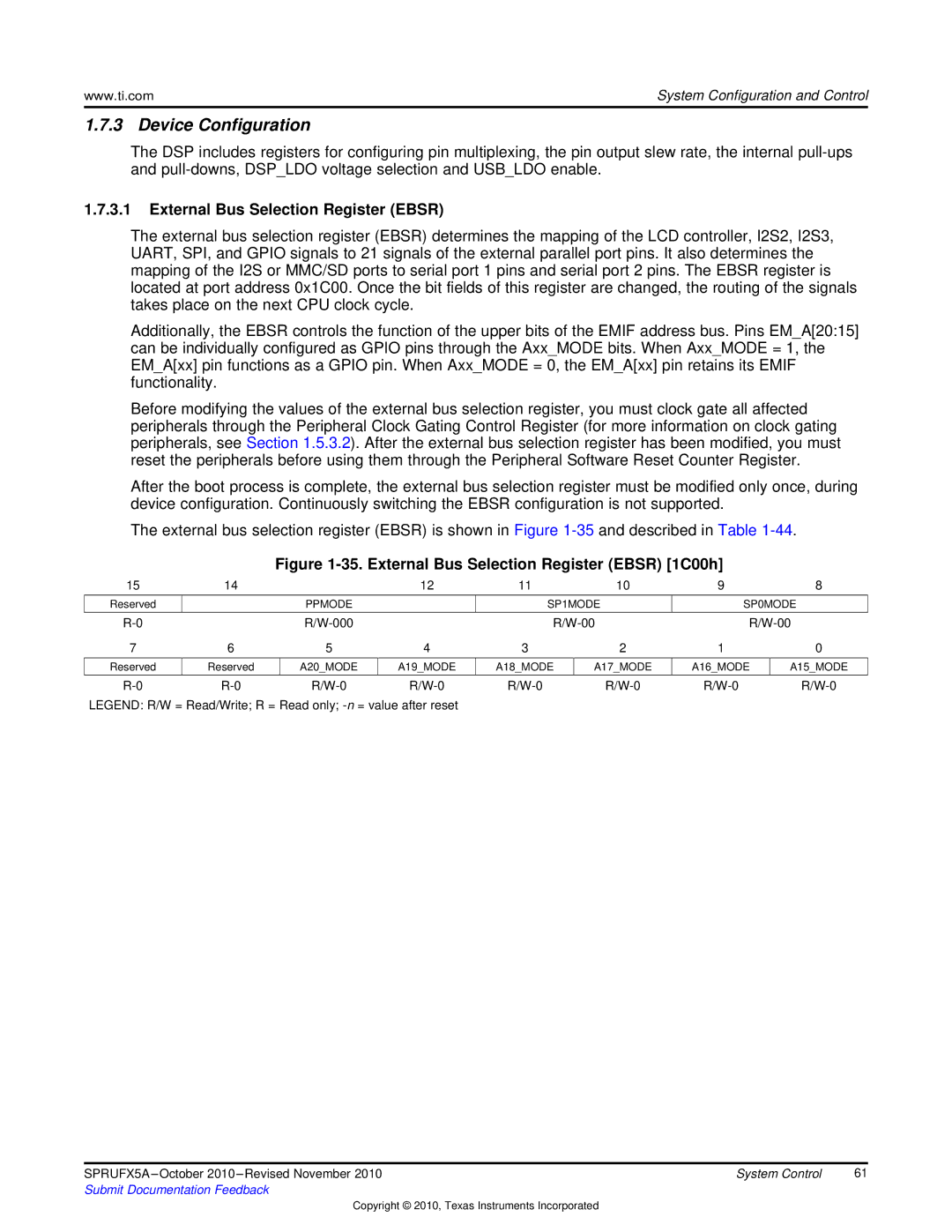 Texas Instruments TMS3320C5515 manual Device Configuration, External Bus Selection Register Ebsr 