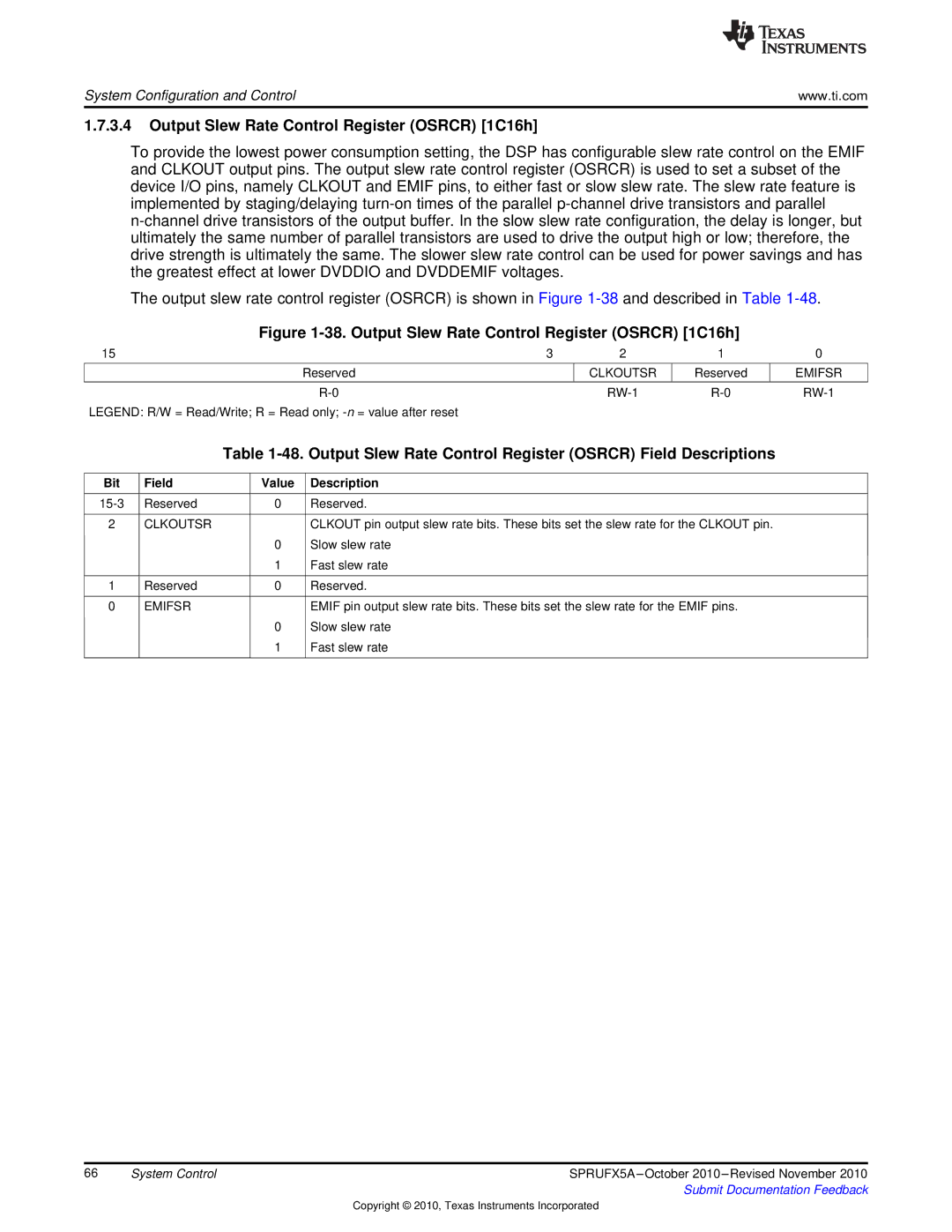 Texas Instruments TMS3320C5515 manual Output Slew Rate Control Register Osrcr 1C16h, Clkoutsr, Emifsr 