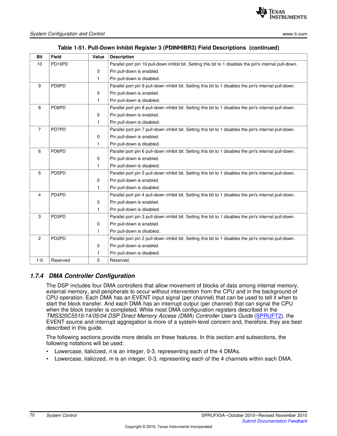 Texas Instruments TMS3320C5515 manual DMA Controller Configuration 