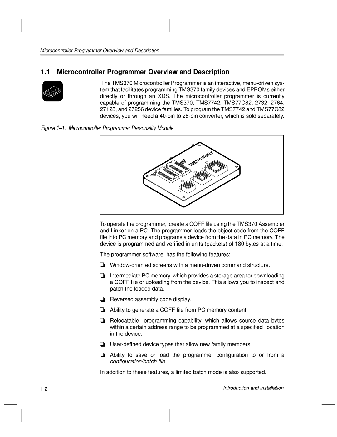 Texas Instruments TMS370 manual Microcontroller Programmer Overview and Description 