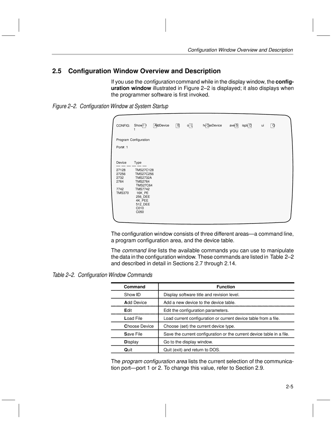 Texas Instruments TMS370 manual Configuration Window Overview and Description, ±2. Configuration Window Commands 