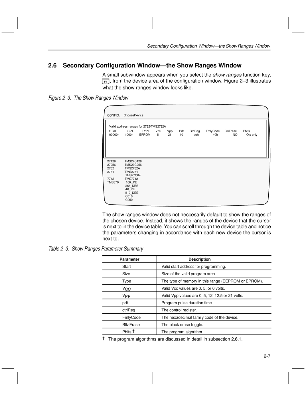 Texas Instruments TMS370 manual Secondary Configuration WindowÐthe Show Ranges Window, ±3. Show Ranges Parameter Summary 