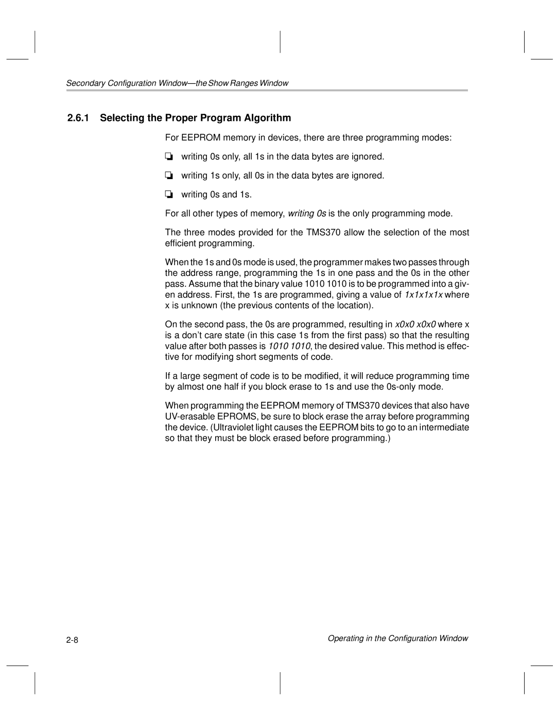 Texas Instruments TMS370 manual Selecting the Proper Program Algorithm 