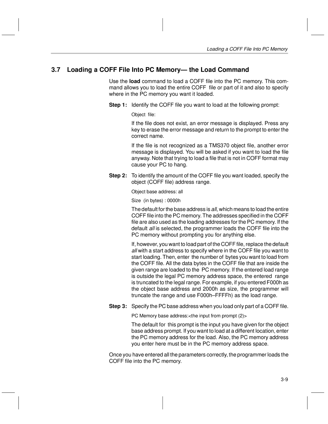 Texas Instruments TMS370 manual Loading a Coff File Into PC MemoryÐ the Load Command 