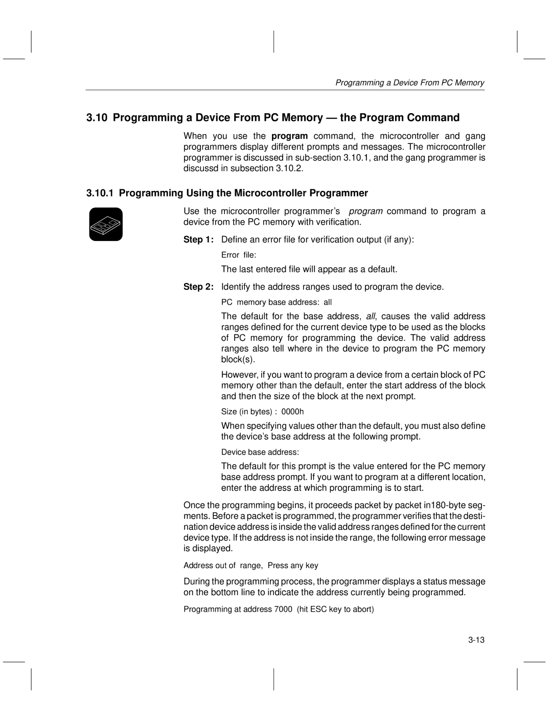 Texas Instruments TMS370 manual Programming a Device From PC Memory Ð the Program Command 