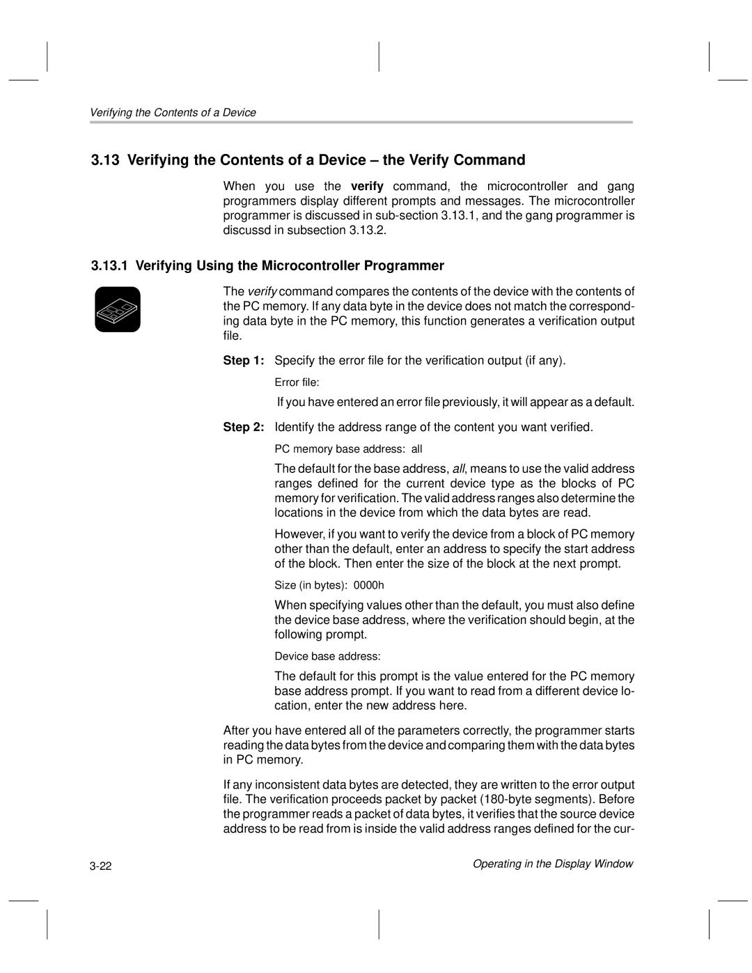 Texas Instruments TMS370 manual Verifying the Contents of a Device ± the Verify Command 