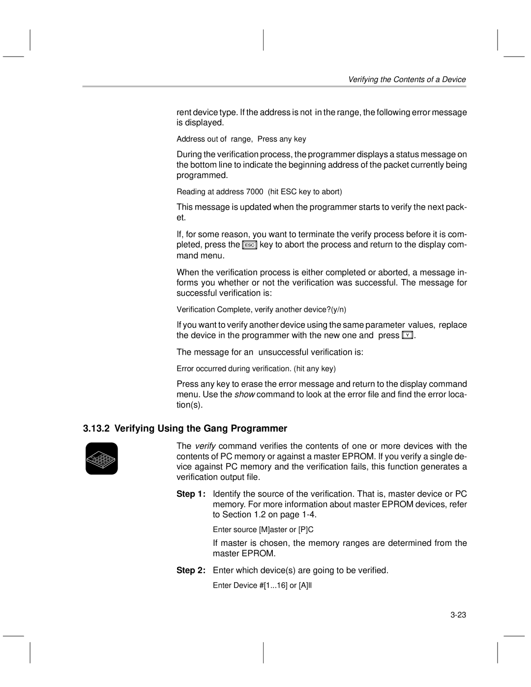 Texas Instruments TMS370 manual Verifying Using the Gang Programmer 