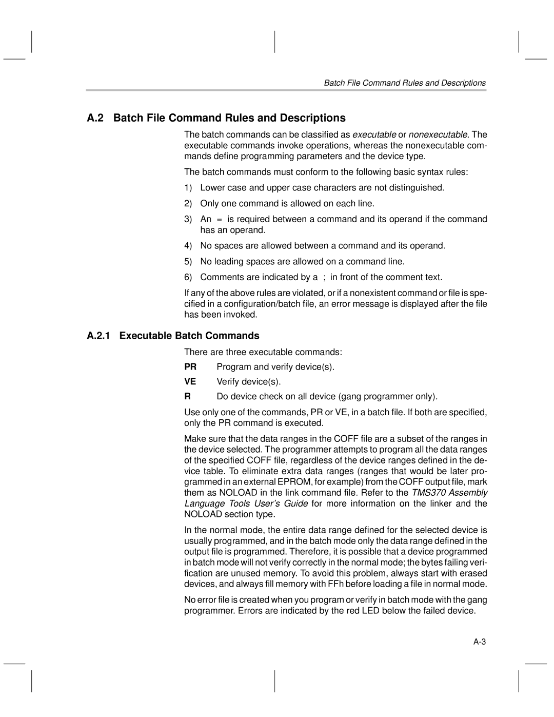 Texas Instruments TMS370 manual Batch File Command Rules and Descriptions, Executable Batch Commands 