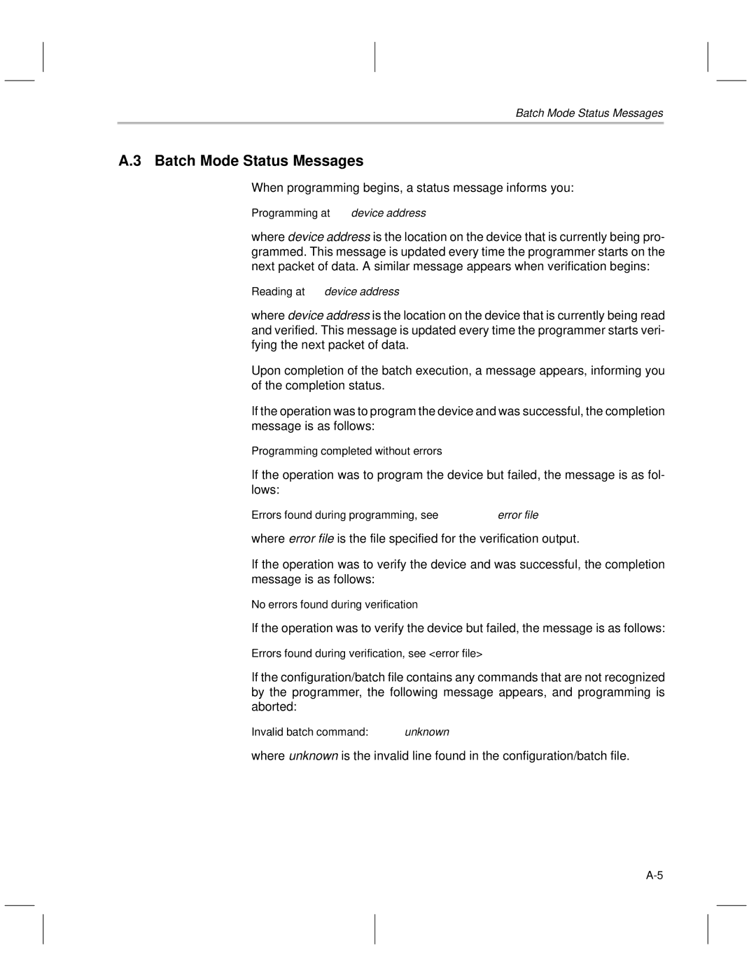 Texas Instruments TMS370 manual Batch Mode Status Messages 