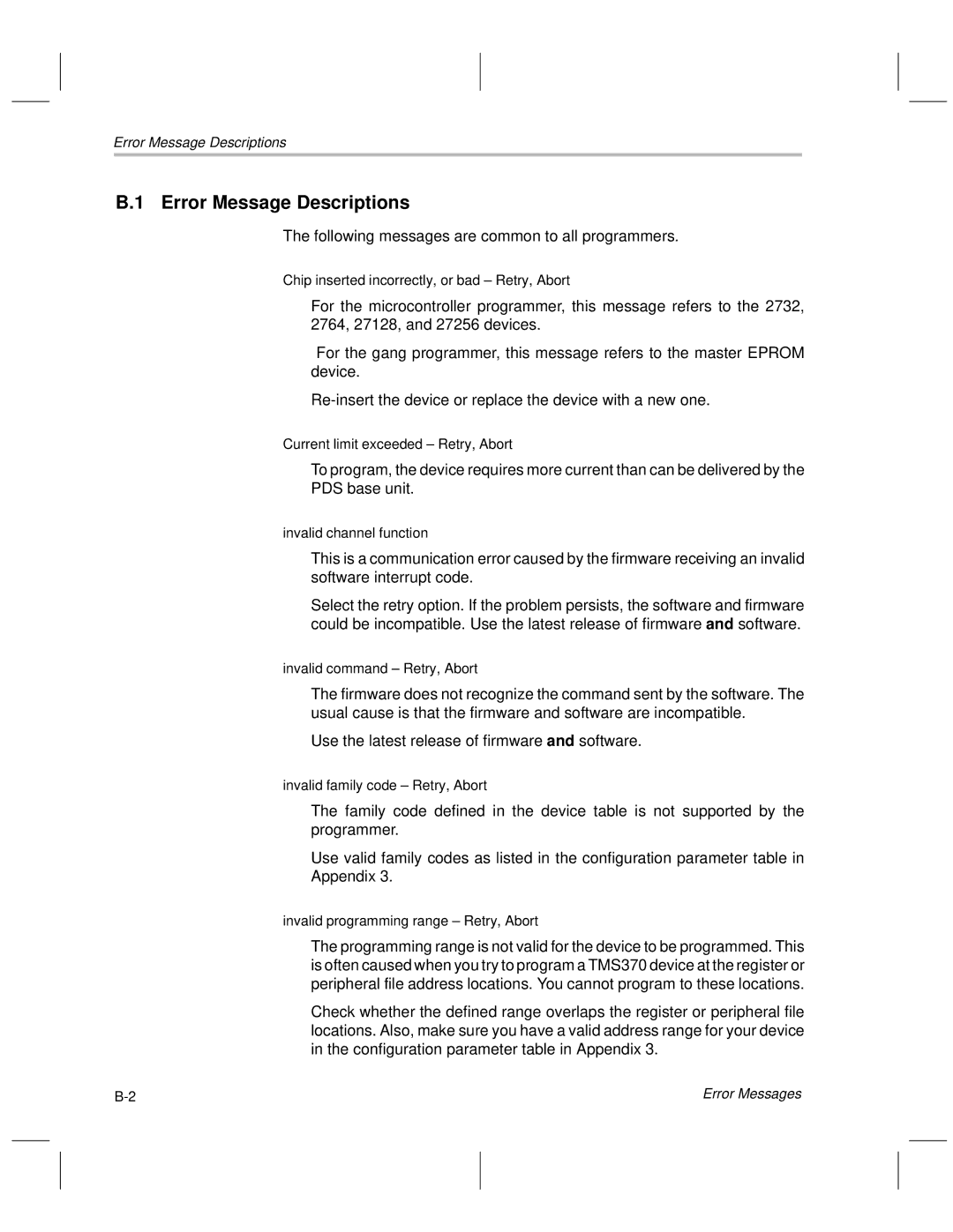 Texas Instruments TMS370 manual Error Message Descriptions, Invalid programming range ± Retry, Abort 