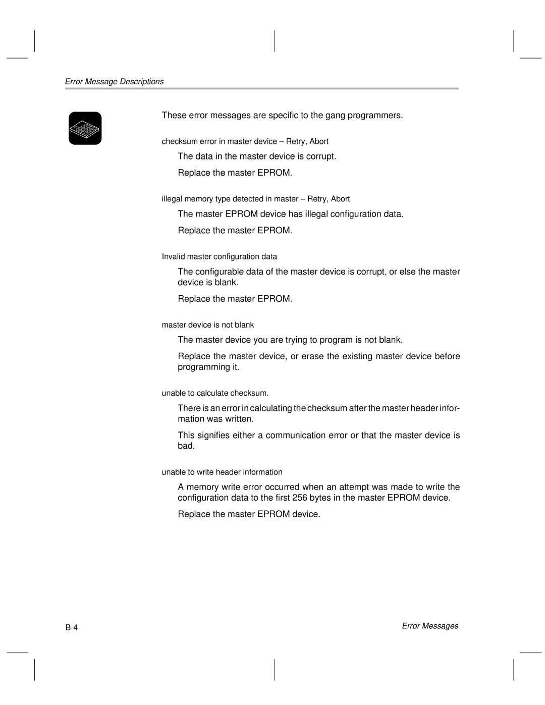 Texas Instruments TMS370 manual These error messages are specific to the gang programmers 