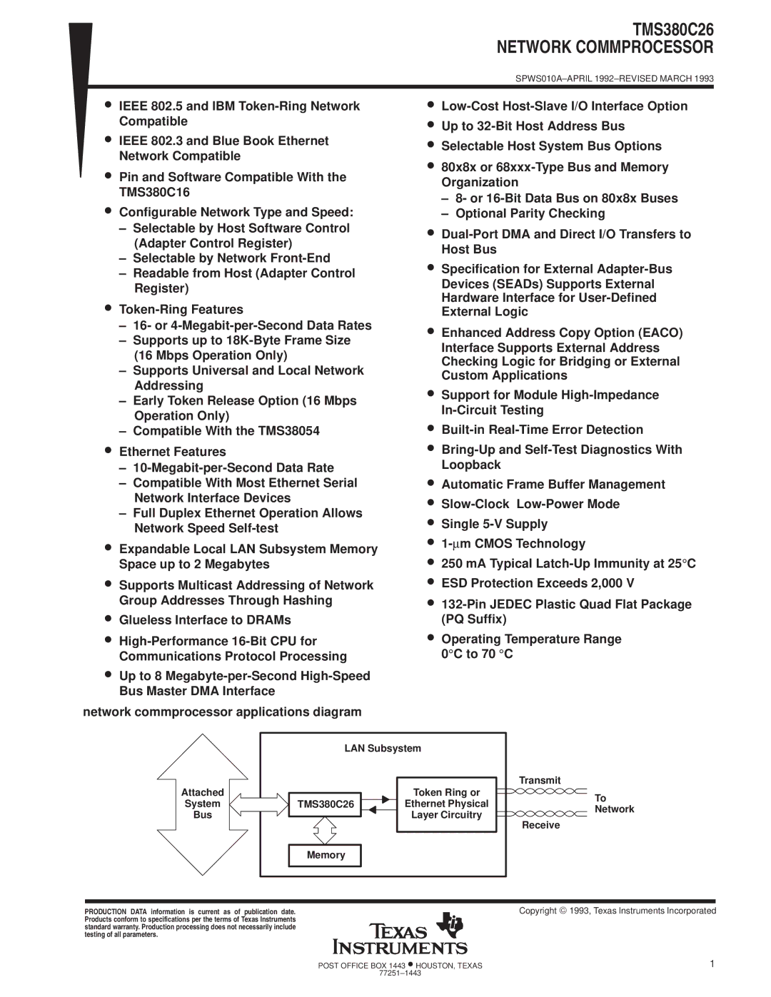 Texas Instruments TMS380C26 specifications Network Commprocessor, Attached System Bus LAN Subsystem 