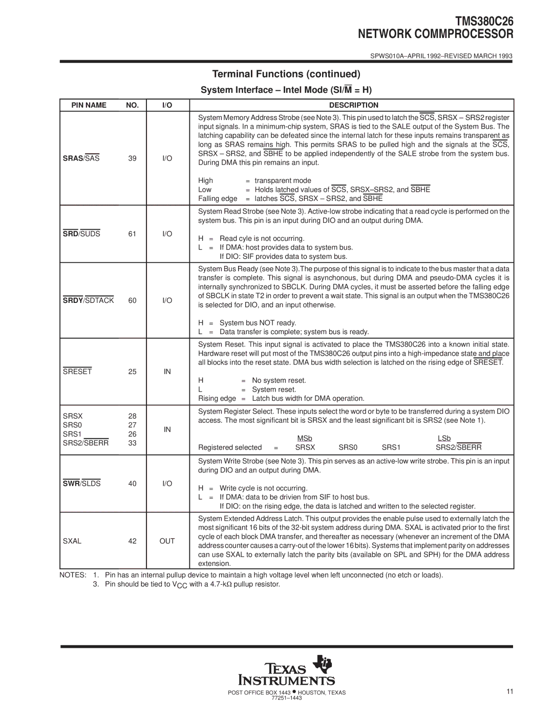 Texas Instruments TMS380C26 specifications Srd, Swr 