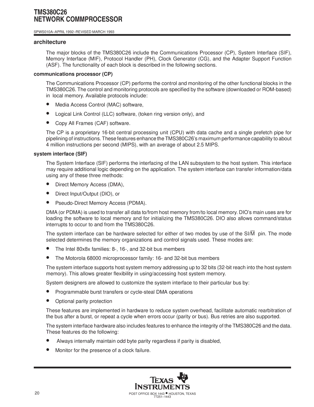 Texas Instruments TMS380C26 specifications Architecture, Communications processor CP, System interface SIF 