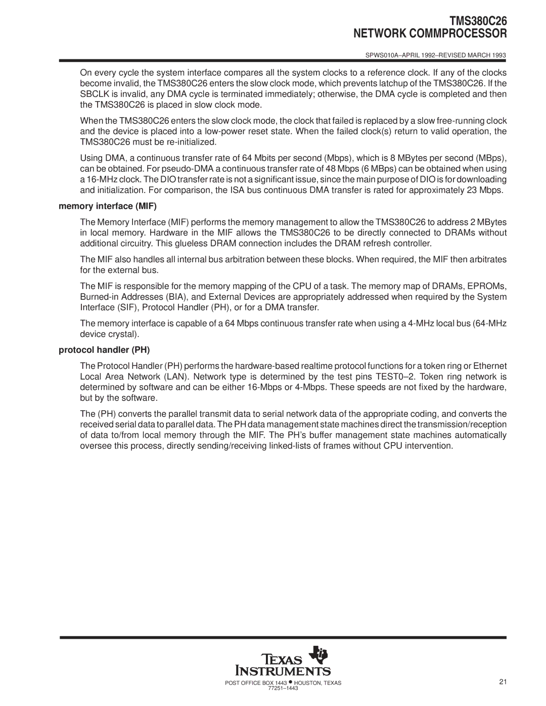 Texas Instruments TMS380C26 specifications Memory interface MIF, Protocol handler PH 