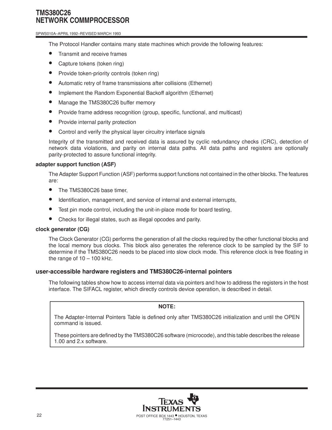 Texas Instruments TMS380C26 specifications Adapter support function ASF, Clock generator CG 