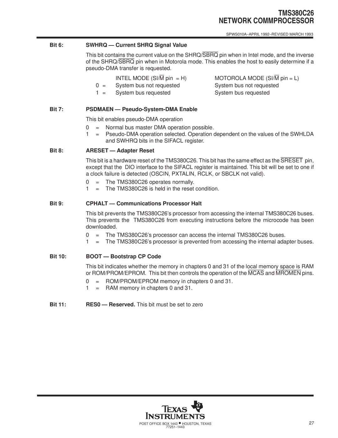 Texas Instruments TMS380C26 Bit 6 Swhrq Ð Current Shrq Signal Value, Bit 7 Psdmaen Ð Pseudo-System-DMA Enable 