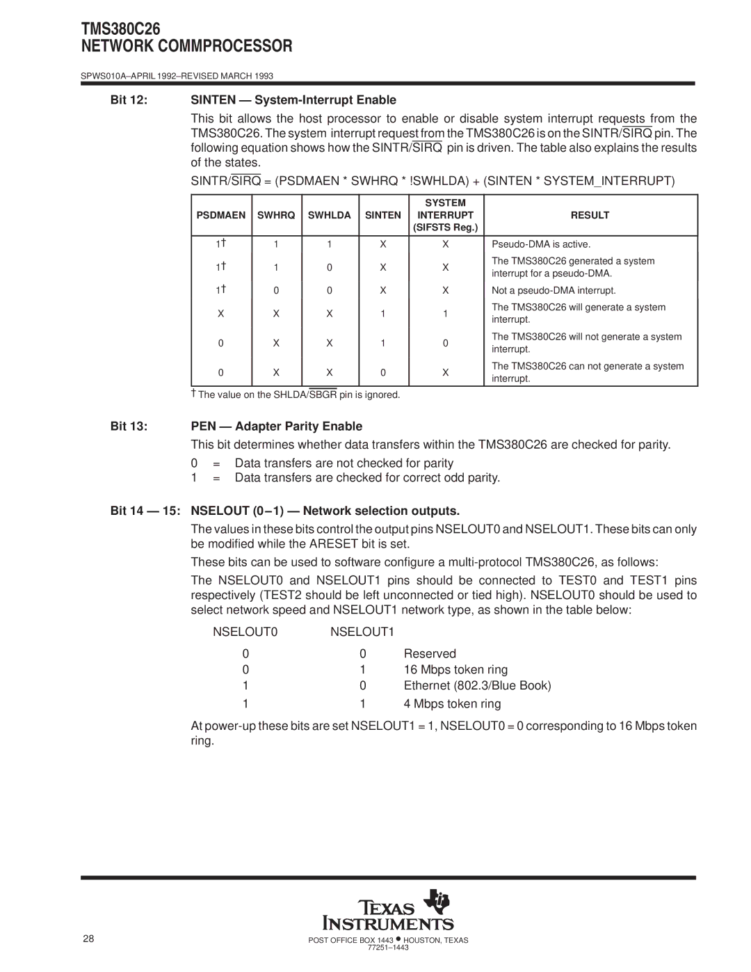 Texas Instruments TMS380C26 specifications Bit 12 Sinten Ð System-Interrupt Enable, Bit 13 PEN Ð Adapter Parity Enable 