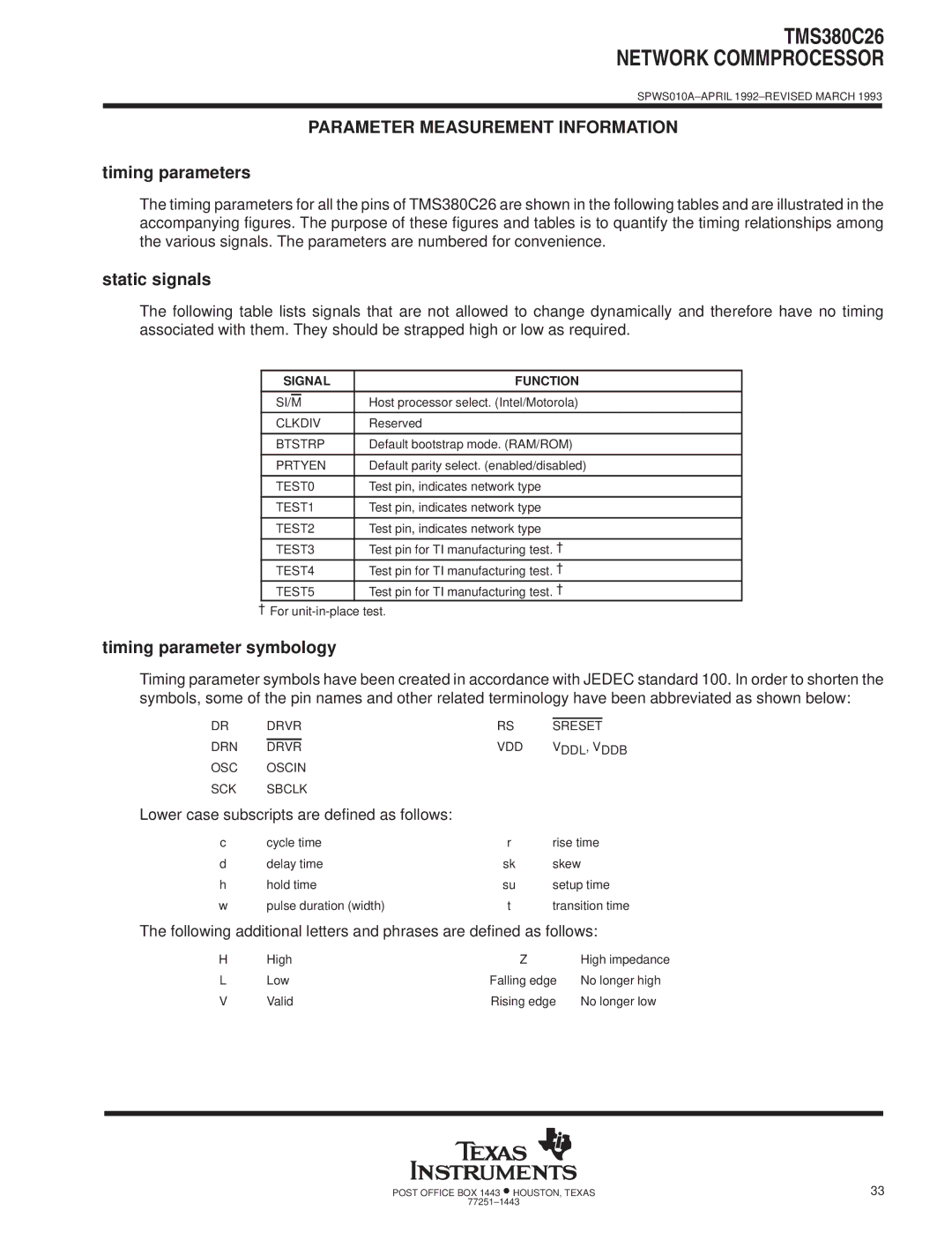 Texas Instruments TMS380C26 specifications Timing parameters, Static signals, Timing parameter symbology, Signal Function 