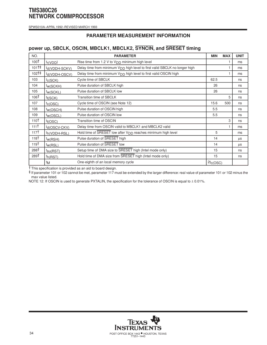 Texas Instruments TMS380C26 Parameter MIN MAX Unit, Reaches minimum high level, HVDDH-RSL 118² Pulse duration High 