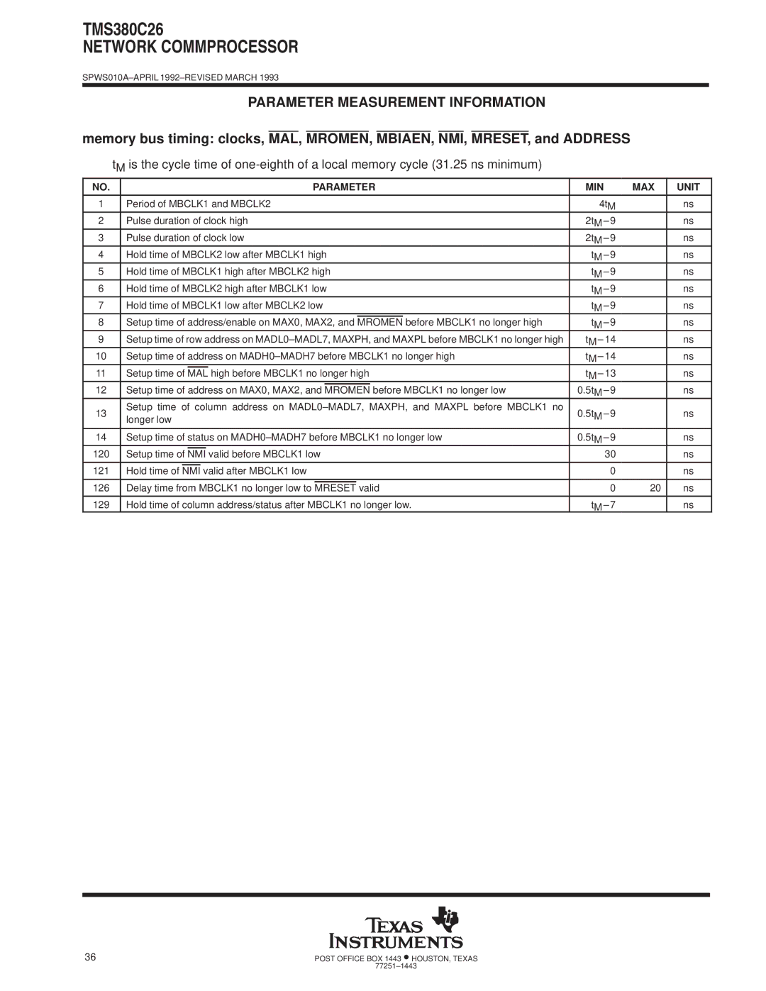 Texas Instruments TMS380C26 Nmi, Hold time Valid after MBCLK1 low, Delay time from MBCLK1 no longer low to Valid, Mreset 