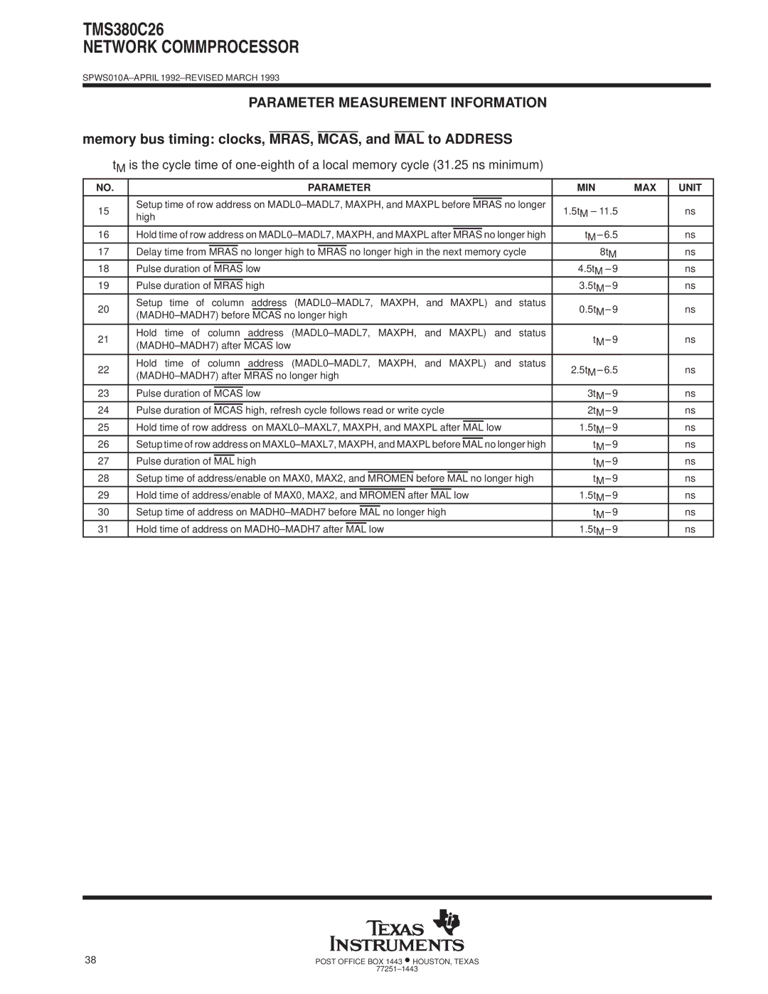 Texas Instruments TMS380C26 Memory bus timing clocks, MRAS, MCAS, and MAL to Address, MADL0±MADL7 Maxph Maxpl, Mromen MAL 