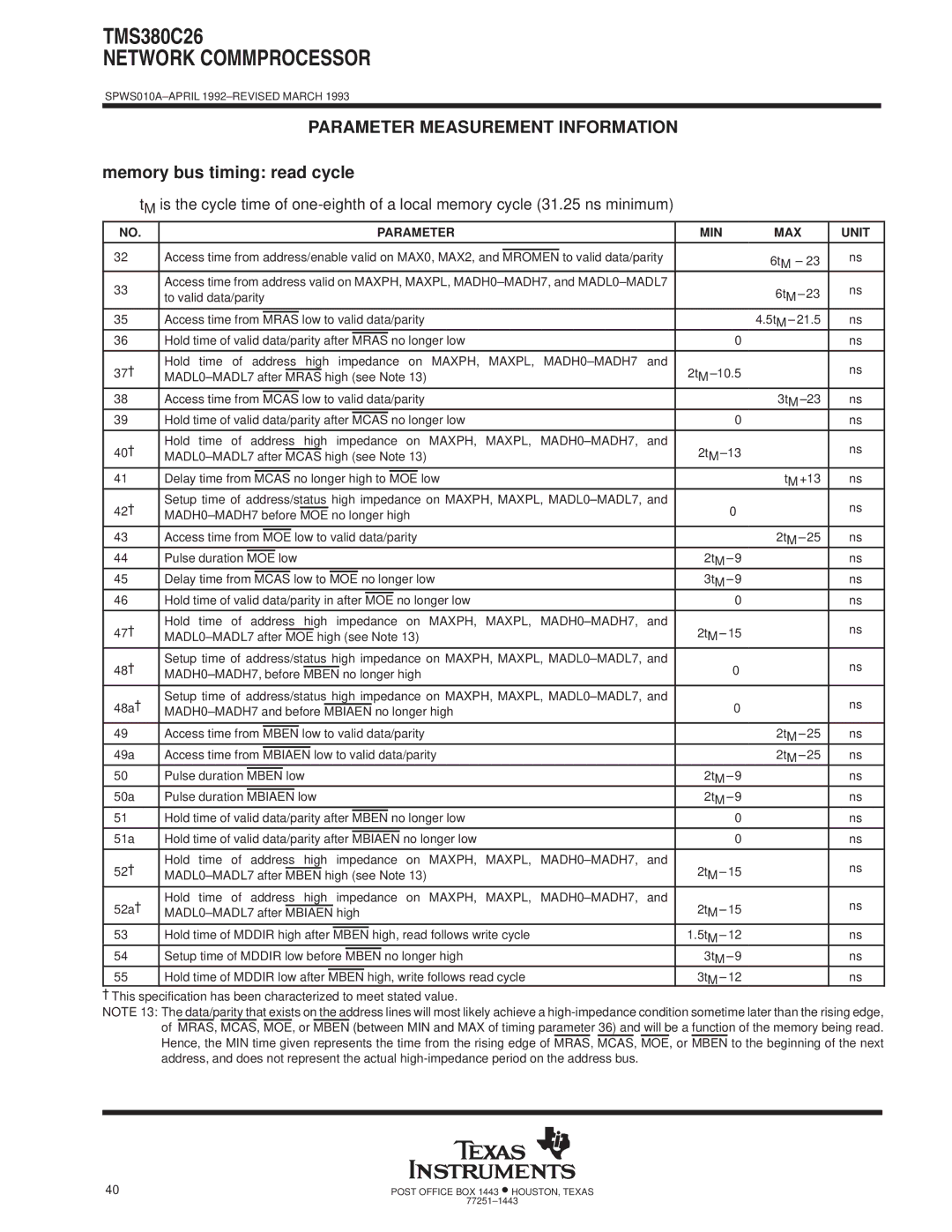 Texas Instruments TMS380C26 specifications Memory bus timing read cycle, Mcas MOE, Maxph Maxpl MADH0±MADH7 